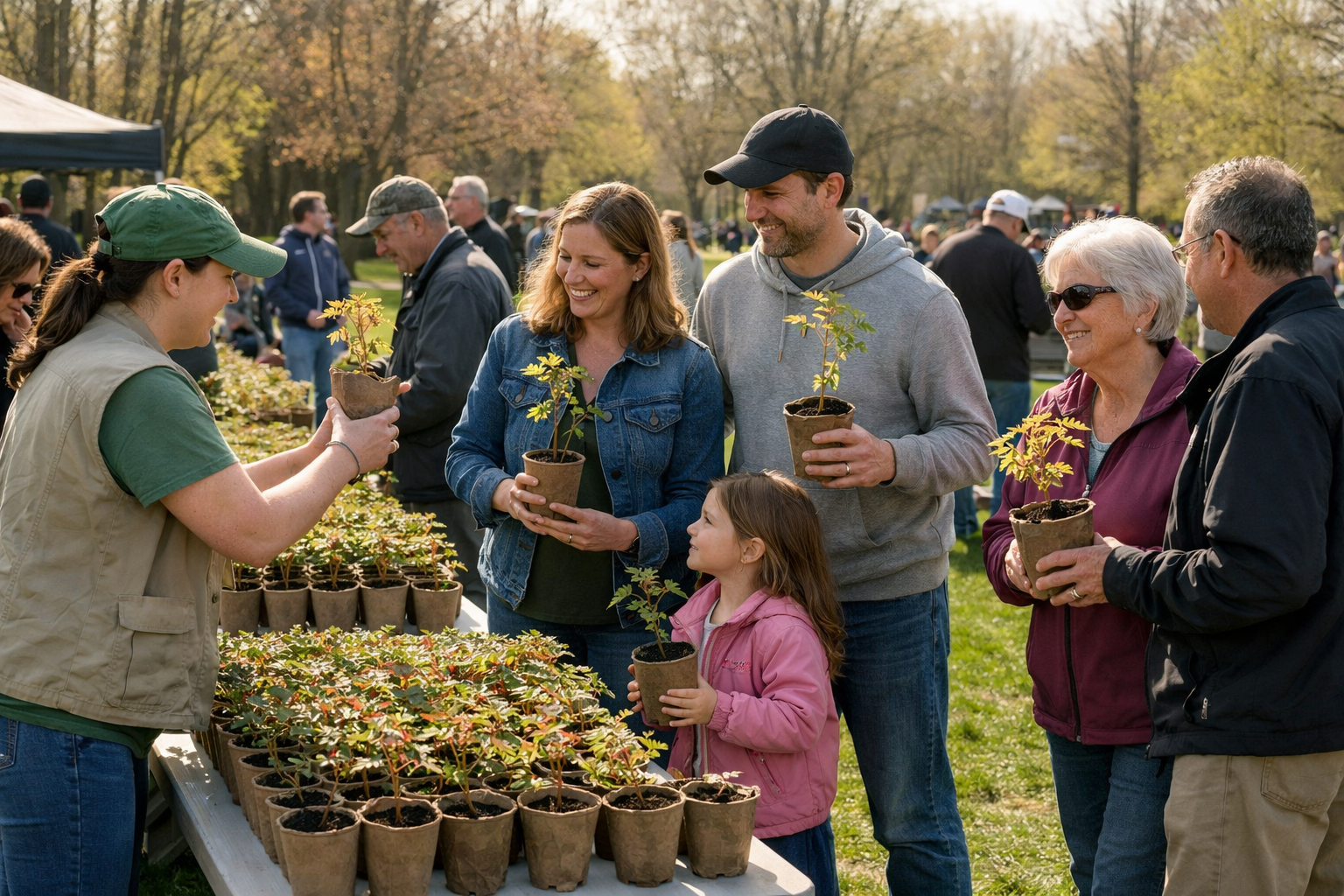 Residents receive free red oak tree seedlings at a Suffolk County community tree giveaway event in a Long Island park.