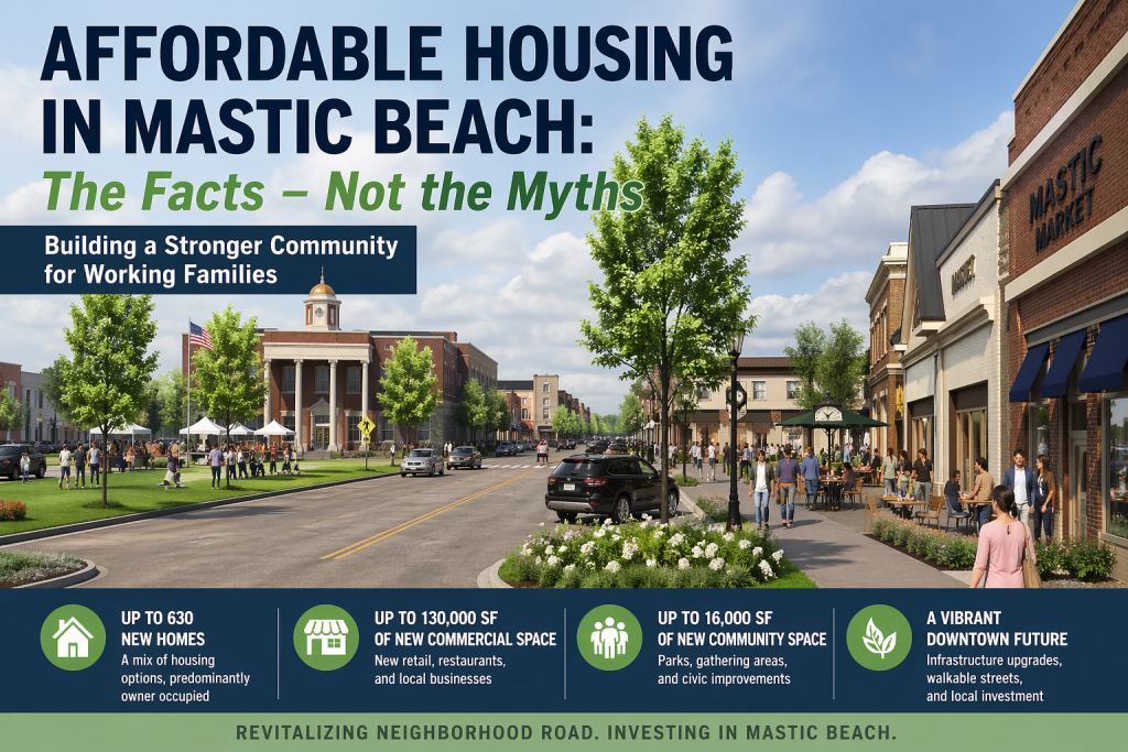 Illustration of Mastic Beach Neighborhood Road redevelopment showing mixed-use buildings, new housing, and downtown revitalization plan