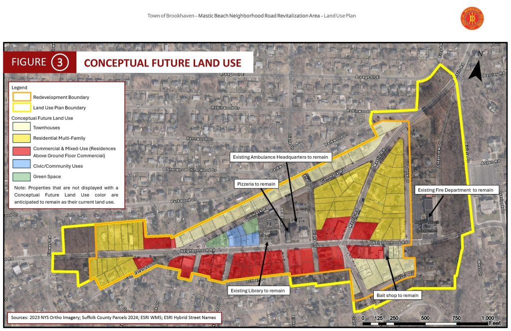 Mastic Beach Neighborhood Road revitalization conceptual future land use plan showing proposed residential, commercial, civic, and green space areas.
If you also want a secondary generated image for inside the article, use this prompt: