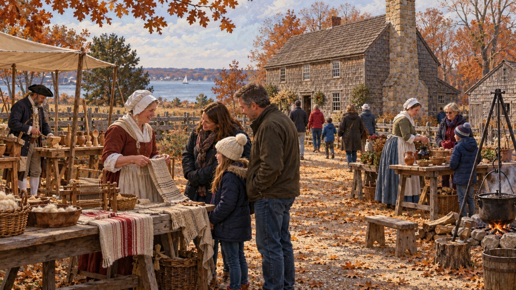 Illustration of a colonial heritage fair celebrating local history on Long Island
